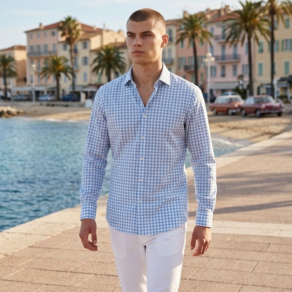Mizzen+Main Leeward Trim Fit Gingham Performance Dress Shirt Blue LEE-S20-46004